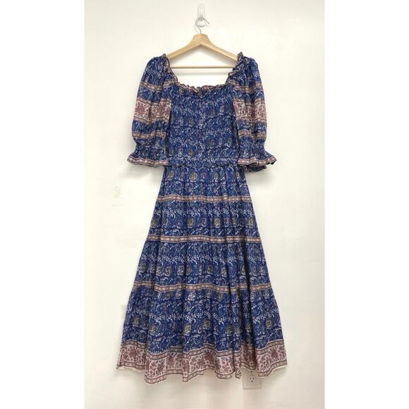 SEA New York Rosita Smocked Square Neck Puff-Sleeve Cotton Print Midi Dress XS - Picture 4 of 13